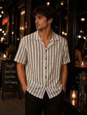 NWT - The Kooples Mens Short-Sleeve Camp Collar Shirt - White & Black, Size XL